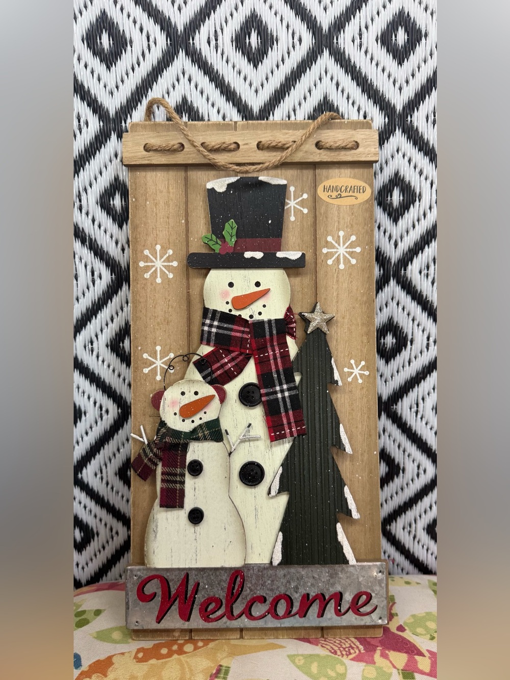 Hand Crafted Snowman Welcome Plaque with Red Plaid Accents